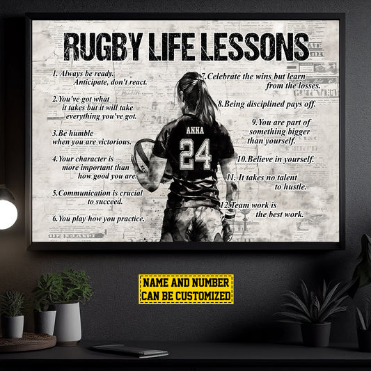 Rugby Girl Life Lessons, Personalized Motivational Rugby Girl Canvas Painting, Inspirational Quotes Wall Art Decor, Poster Gift For Rugby Lovers