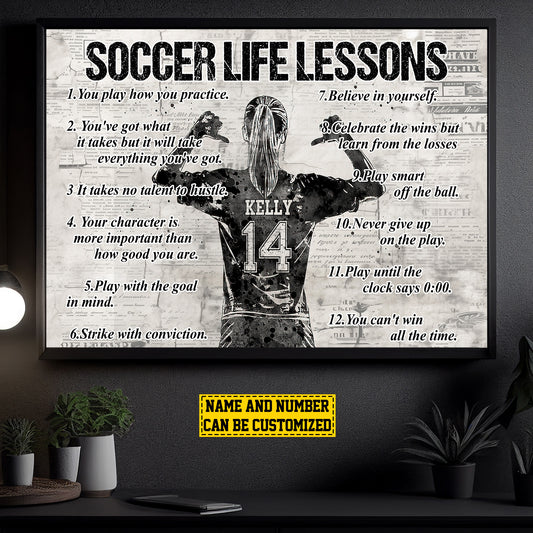 Soccer Life Lessons, Personalized Motivational Soccer Canvas Painting, Inspirational Quotes Wall Art Decor, Poster Gift For Soccer Girl Lovers