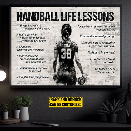 Personalized Motivational Handball Girl Canvas Painting, Handball Life Lessons, Inspirational Quotes Wall Art Decor, Poster Gift For Handball Lovers