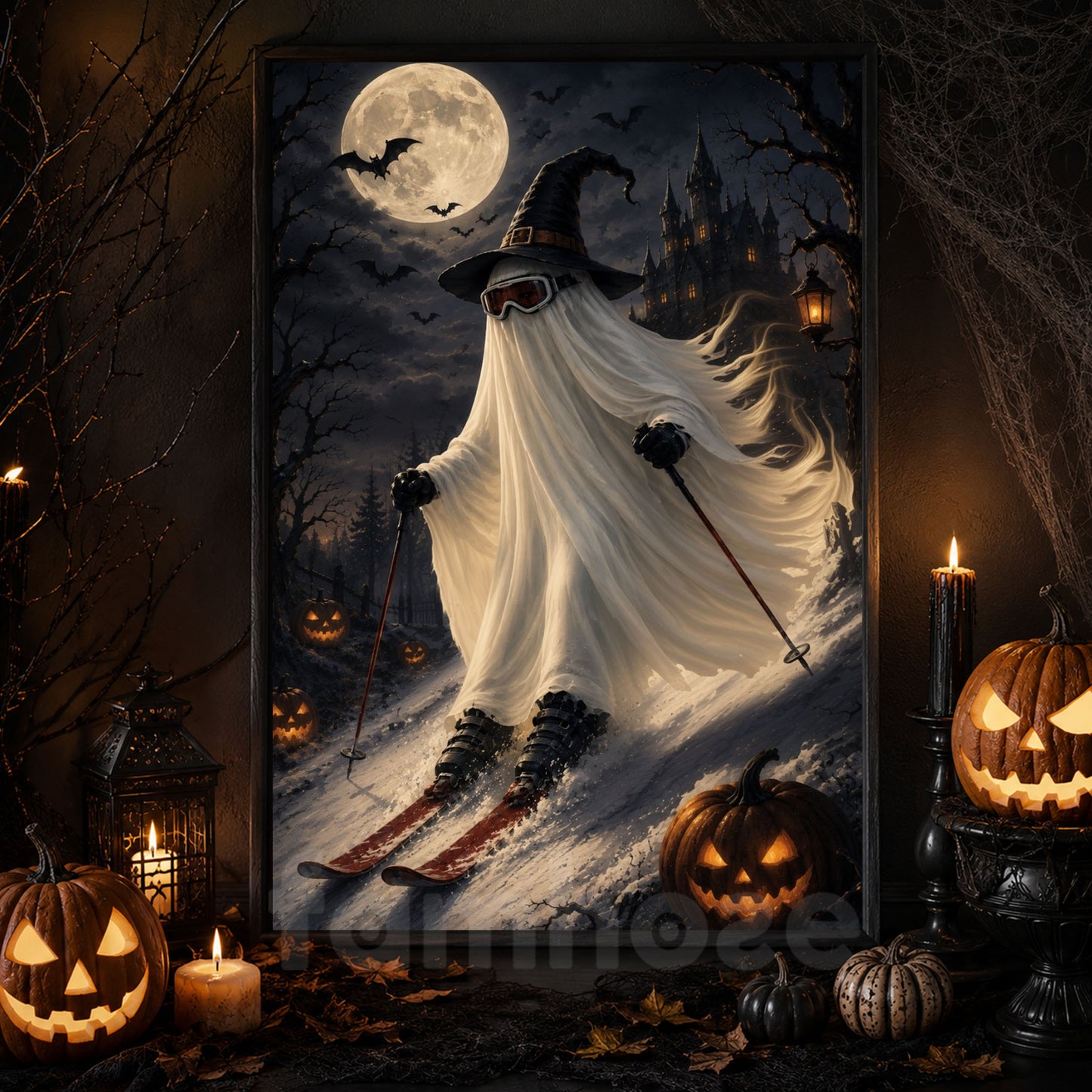 Halloween Skiing Ghost Canvas Painting, No Body, No Problem, Just Ski Wall Art Decor, Spooky Season Poster Gift For Skiing Lover