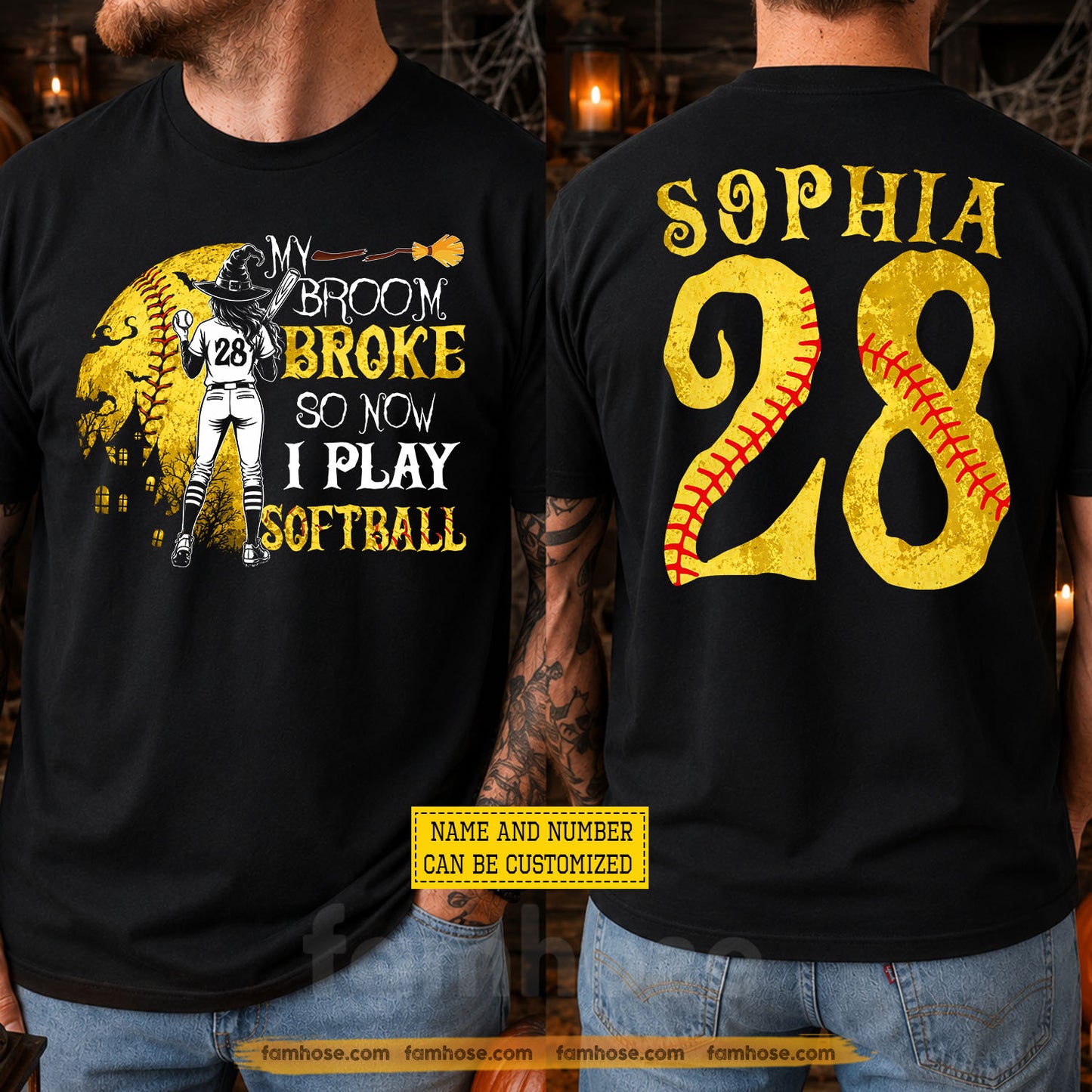 Personalized Halloween Softball Witch Two-sided T-shirt, My Broom Broke Tees Spooky Season Gift For Softball Lover