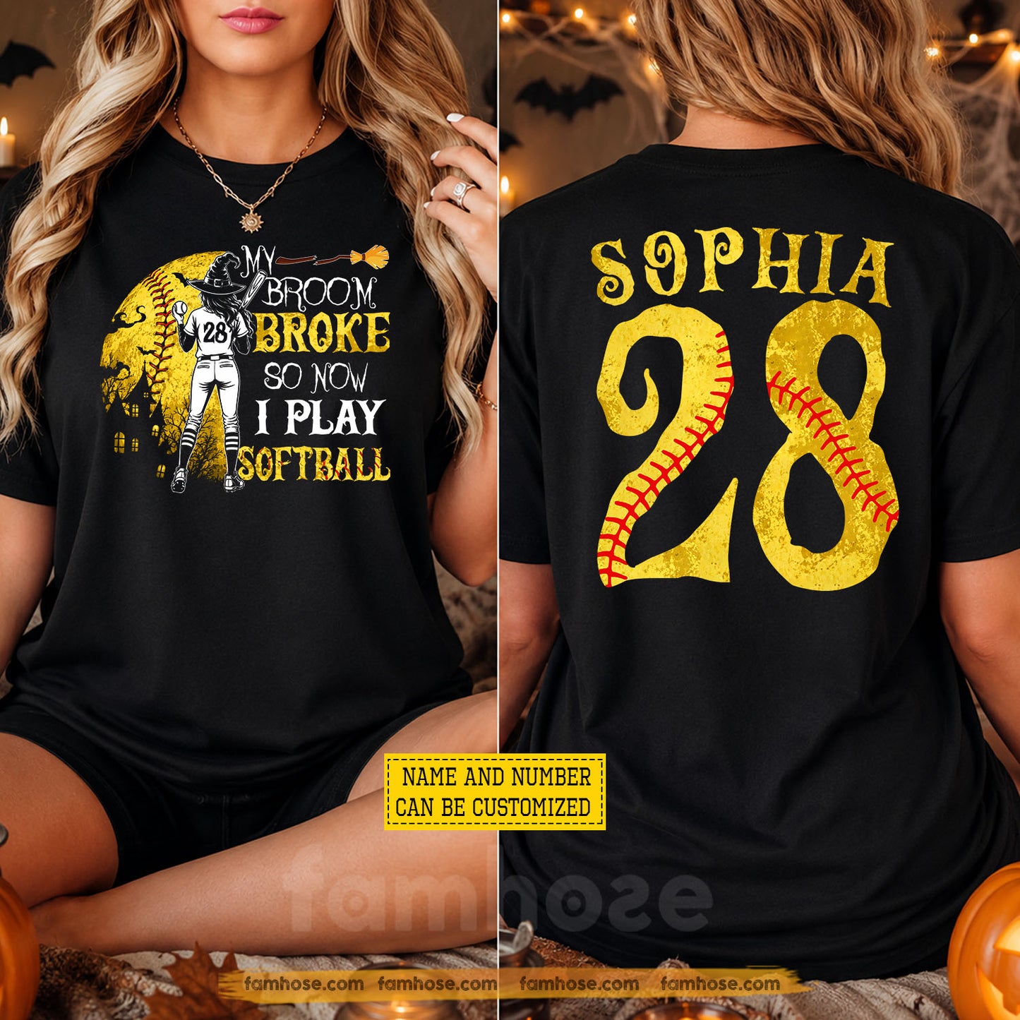 Personalized Halloween Softball Witch Two-sided T-shirt, My Broom Broke Tees Spooky Season Gift For Softball Lover