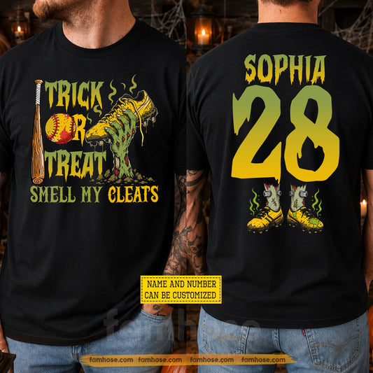 Funny Personalized Halloween Softball Two-sided T-shirt, Trick Or Treat Smell My Cleats Tees Spooky Season Gift For Softball Lover