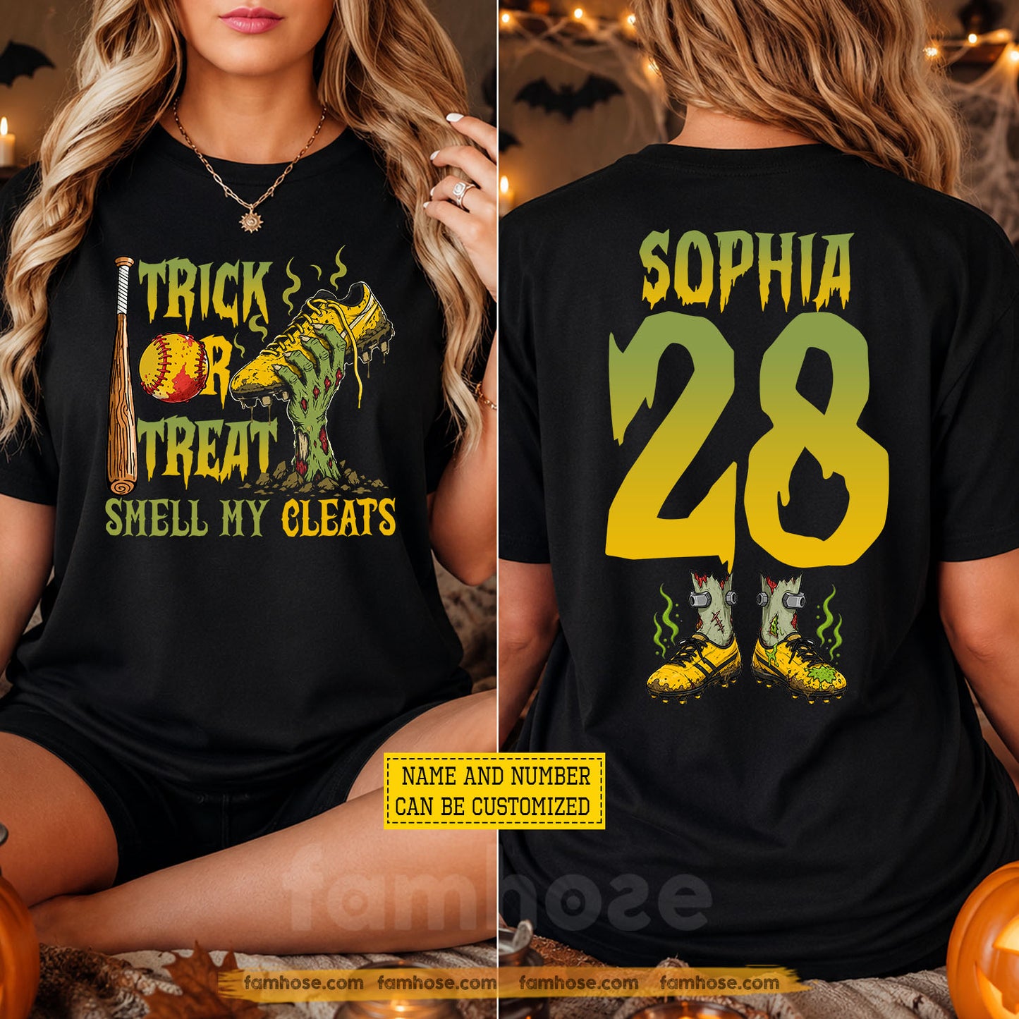 Funny Personalized Halloween Softball Two-sided T-shirt, Trick Or Treat Smell My Cleats Tees Spooky Season Gift For Softball Lover