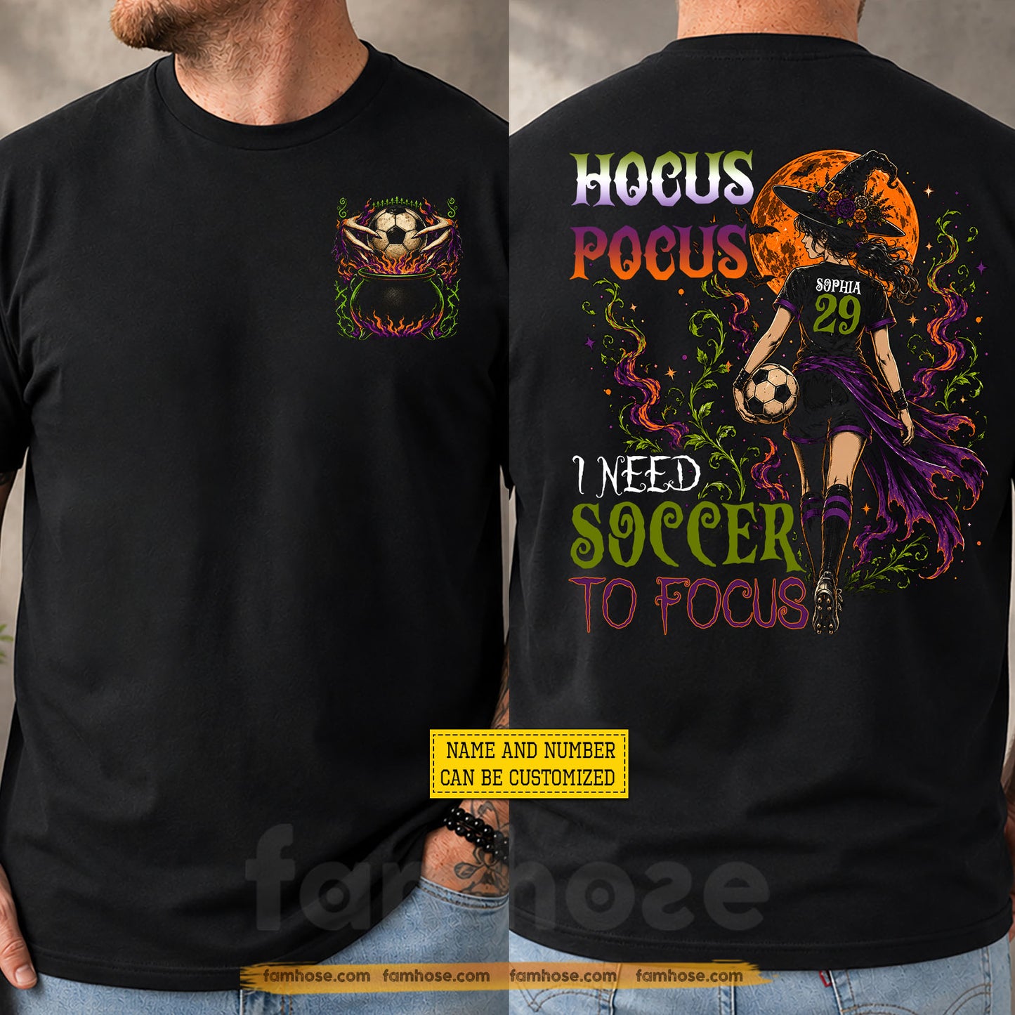 Personalized Halloween Soccer Witch Two-sided T-shirt, Hocus Pocus Tees Spooky Season Gift For Soccer Lover
