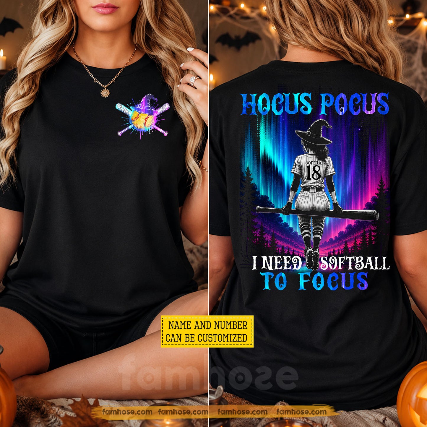 Personalized Halloween Softball Witch Two-sided T-shirt, Hocus Pocus Tees Spooky Season Gift For Softball Lover