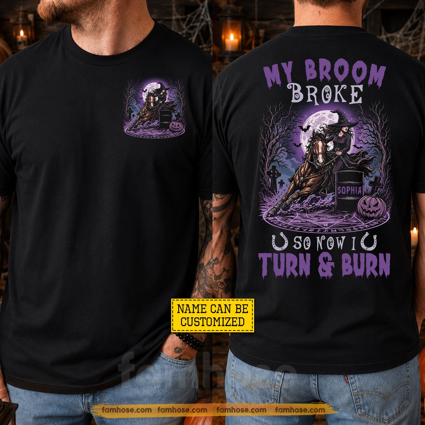 Personalized Halloween Barrel Racing Witch Two-sided T-shirt, My Broom Broke Tees Spooky Season Gift For Barrel Racing Lover