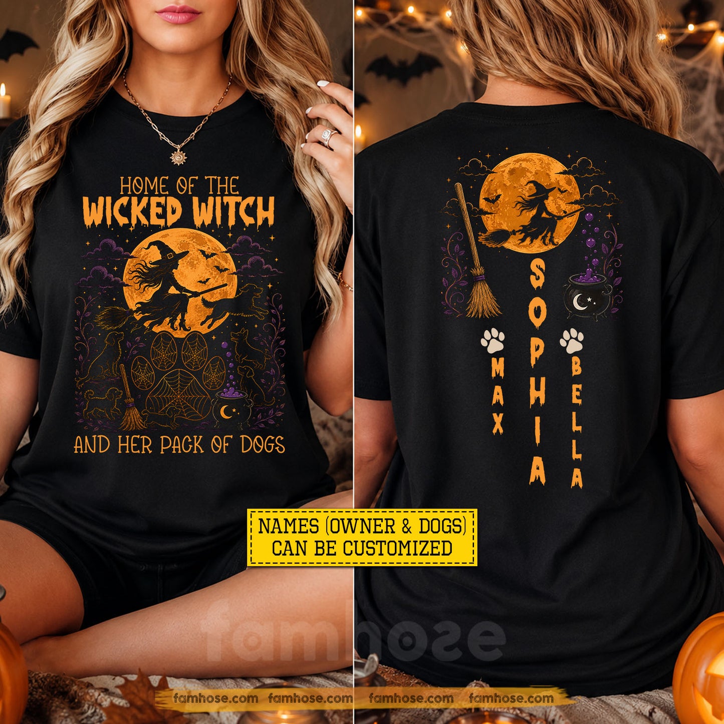 Personalized Halloween Witch Dog Two-sided T-shirt, Home Of The Wicked Witch Tees Spooky Season Gift For Dog Lover