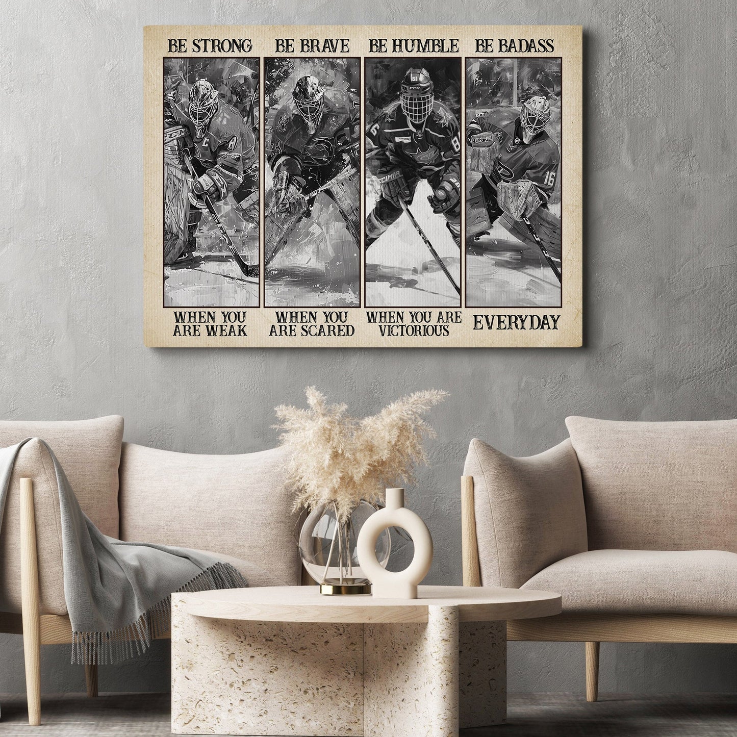 Be Strong Be Brave Be Badass, Motivational Hockey Canvas Painting, Inspirational Quotes Wall Art Decor, Poster Gift For Hockey Lovers