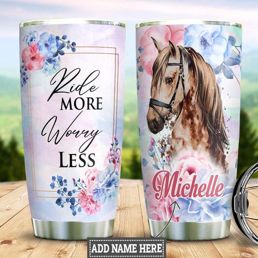 Cute Flower Horse Tumbler, Ride More Worry Less Horse Personalized Stainless Steel Tumbler, Tumbler Gifts For Horse Lovers