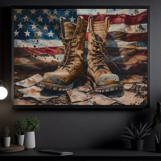 Worn Boots Against The Flag, Vintage Canvas Painting, Patriotic Wall Art Decor, Poster Gift For America Lovers