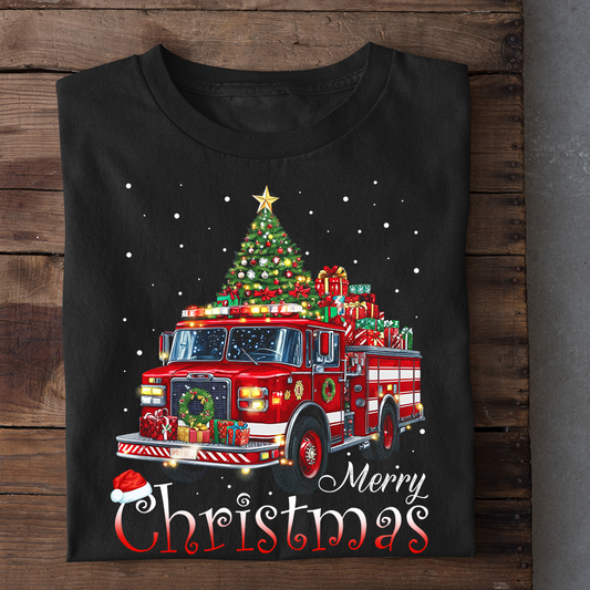Christmas Firetruck T-shirt, Merry Christmas Tees Xmas Gift For Firetruck Lovers