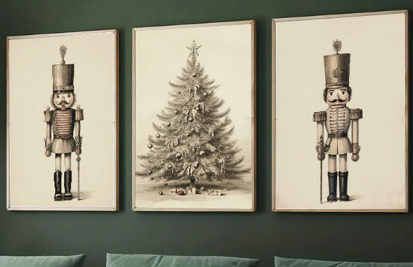 Set Of 3 Nutcrackers & Christmas Tree, Christmas Canvas Painting, Xmas Wall Art Decor - Christmas Poster Gift