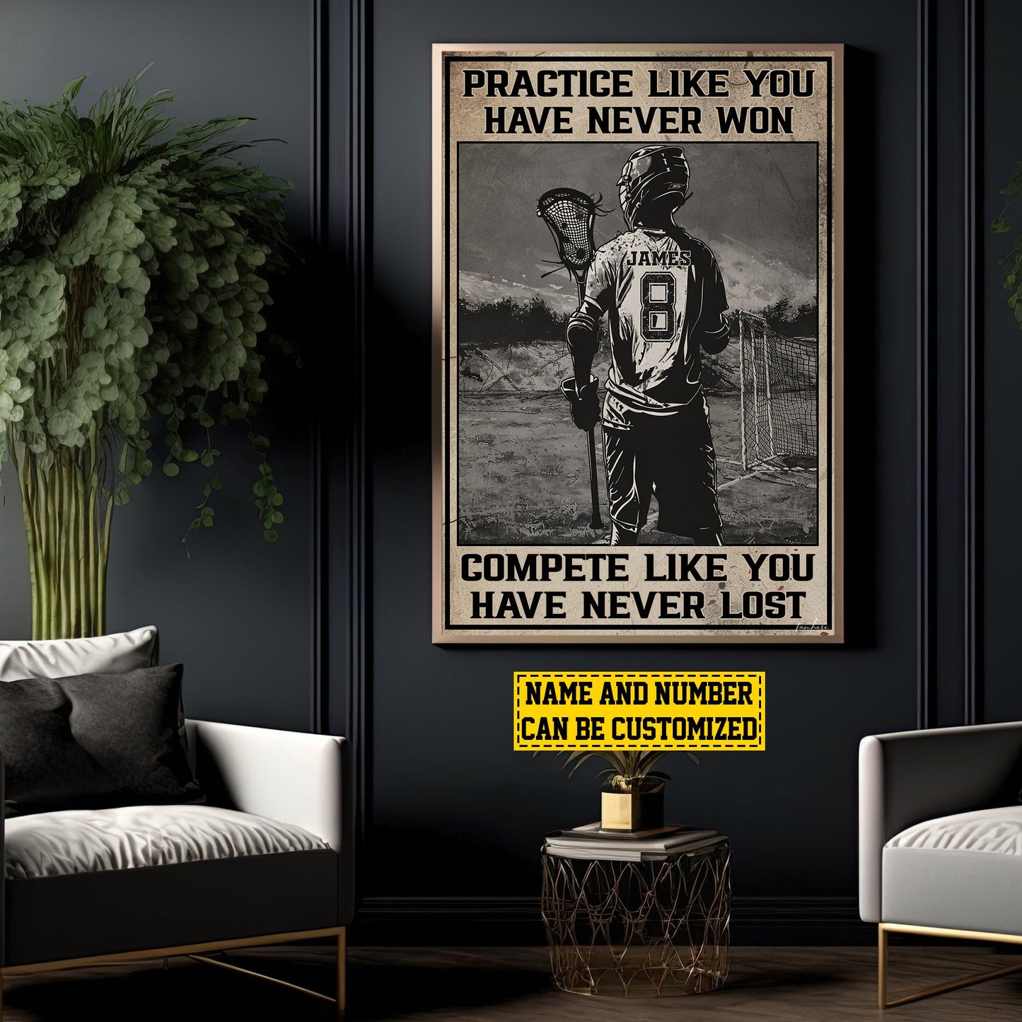 Compete Like You Have Never Lost, Personalized Lacrosse Boy Canvas Painting, Inspirational Quotes Wall Art Decor, Poster Gift For Lacrosse Man Lovers