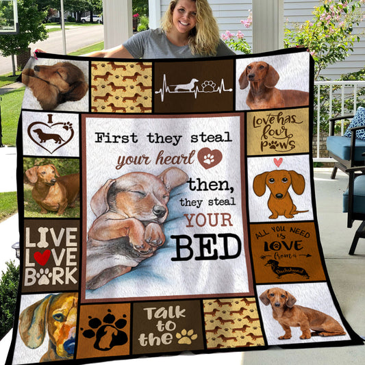 Cute Dachshund Dog Blanket, First They Steal Your Heart, Dachshund Fleece Blanket - Sherpa Blanket Gift For Dog Lovers, Dog Owners