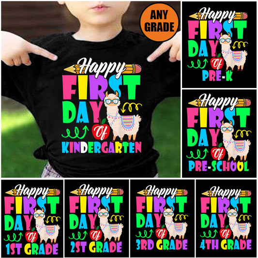 Cute Llama T-shirt, Happy First Day Grade Can Be Changed, Back To School Gift For Llama Lovers, Llama Kids Tees