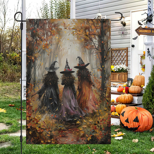 Autumn Witches Halloween Garden Flag & House Flag, Witch Outdoor Decor, Spooky Yard Decor Gift For Witch Lovers