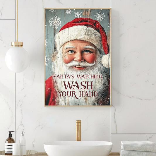 Funny Christmas Canvas Painting, Santa's Watching Wash Your Hand Wall Art Decor, Xmas Poster Gift