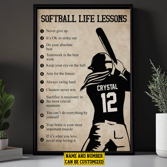 Never Give Up Softball Life Lessons, Personalized Motivational Softball Canvas Painting, Inspirational Quotes Wall Art Decor, Poster Gift For Softball Lovers