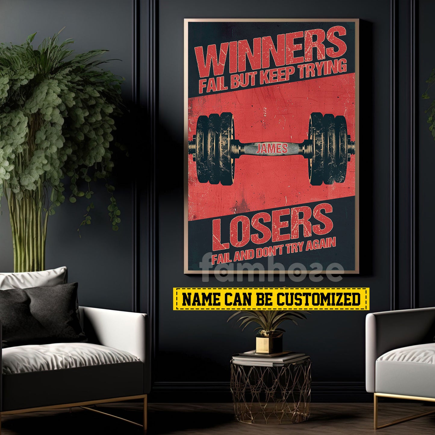 Personalized Gym Canvas Painting, Sports Quotes Wall Art Decor, Winners Fail But Keep Trying Poster Gift For Gym Lovers