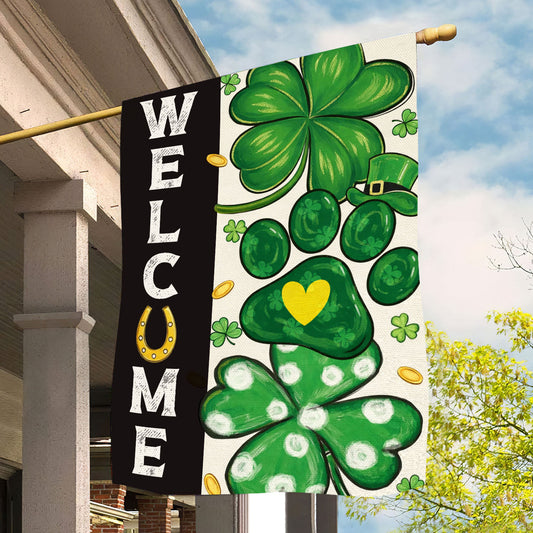Four-Leaf Clover Dog Paw Garden Flag & House Flag, Welcome Outdoor Decor, St Patrick's Day Yard Flag Gift For Irish Lover