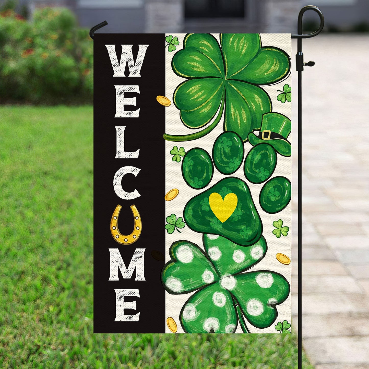 Four-Leaf Clover Dog Paw Garden Flag & House Flag, Welcome Outdoor Decor, St Patrick's Day Yard Flag Gift For Irish Lover