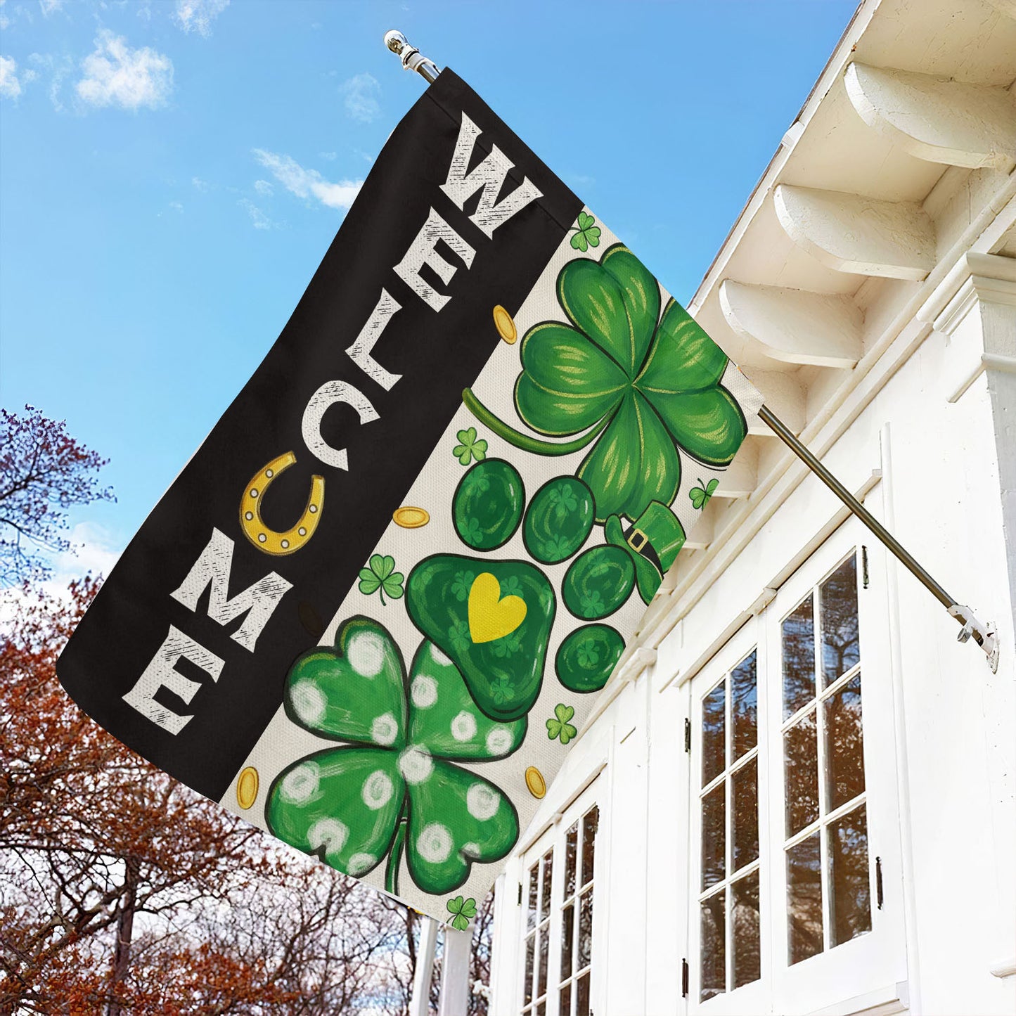 Four-Leaf Clover Dog Paw Garden Flag & House Flag, Welcome Outdoor Decor, St Patrick's Day Yard Flag Gift For Irish Lover