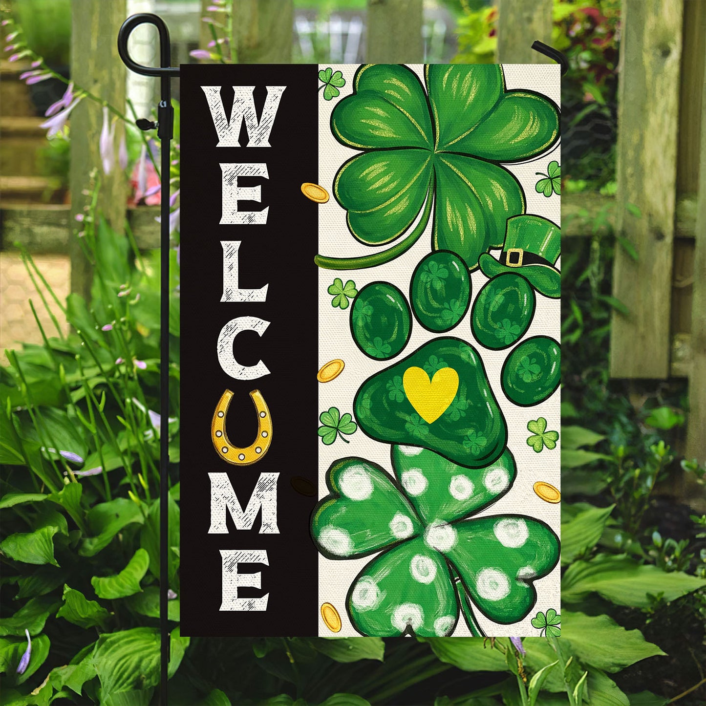 Four-Leaf Clover Dog Paw Garden Flag & House Flag, Welcome Outdoor Decor, St Patrick's Day Yard Flag Gift For Irish Lover
