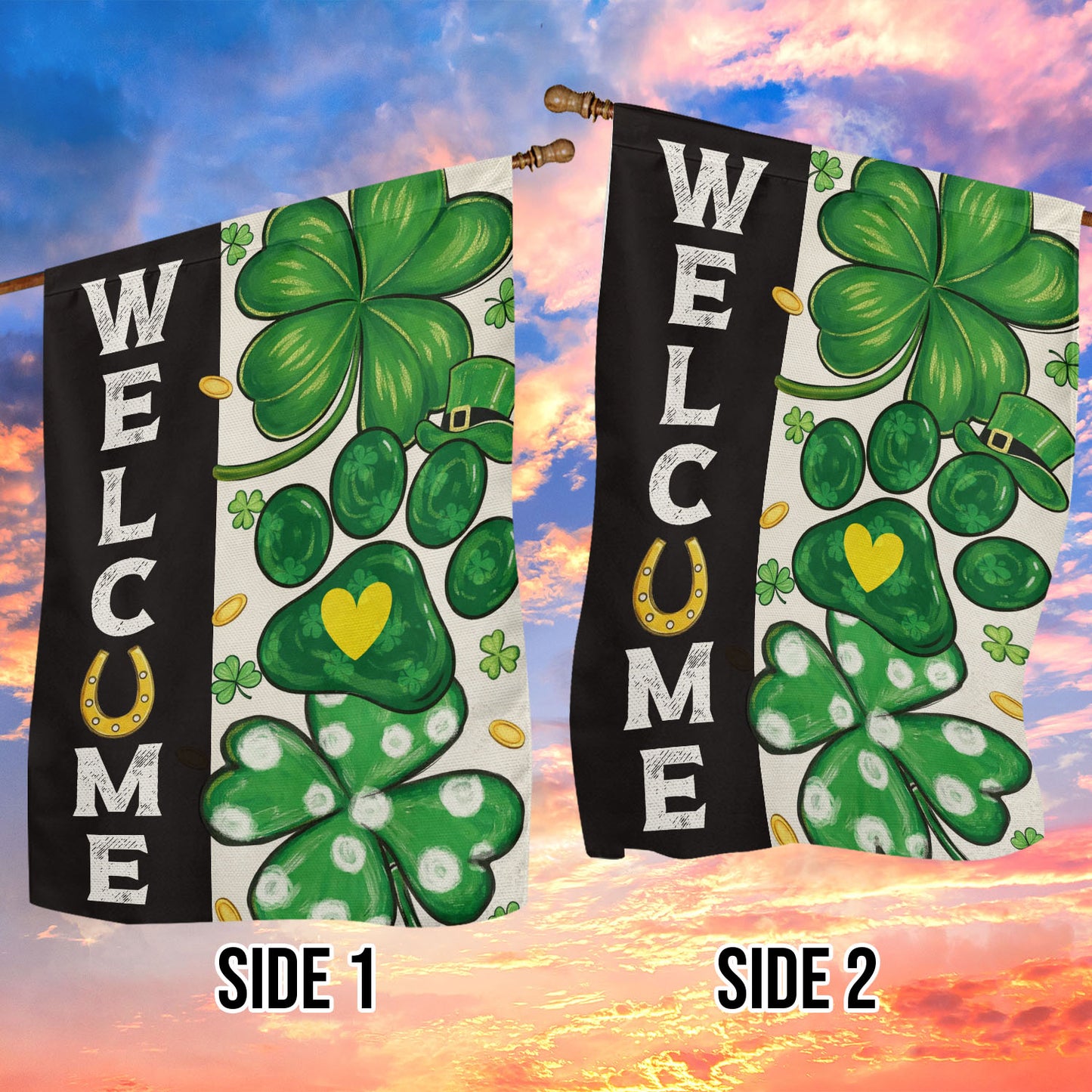 Four-Leaf Clover Dog Paw Garden Flag & House Flag, Welcome Outdoor Decor, St Patrick's Day Yard Flag Gift For Irish Lover