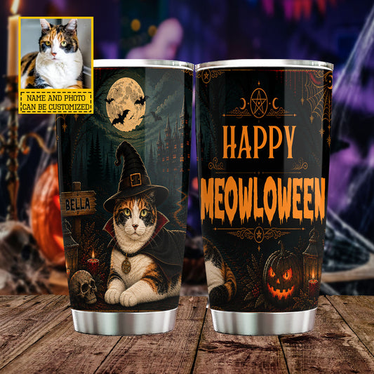 Personalized Halloween Cat Witch Tumbler, Happy Meowloween Spooky Season Stainless Steel Tumbler, Travel Mug Tumblers Gift For Cat Lover
