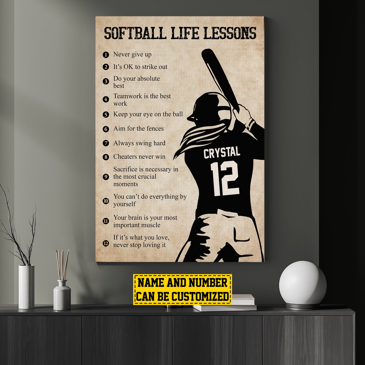 Never Give Up Softball Life Lessons, Motivational Softball Canvas Painting, Inspirational Quotes Wall Art Decor, Poster Gift For Softball Lovers