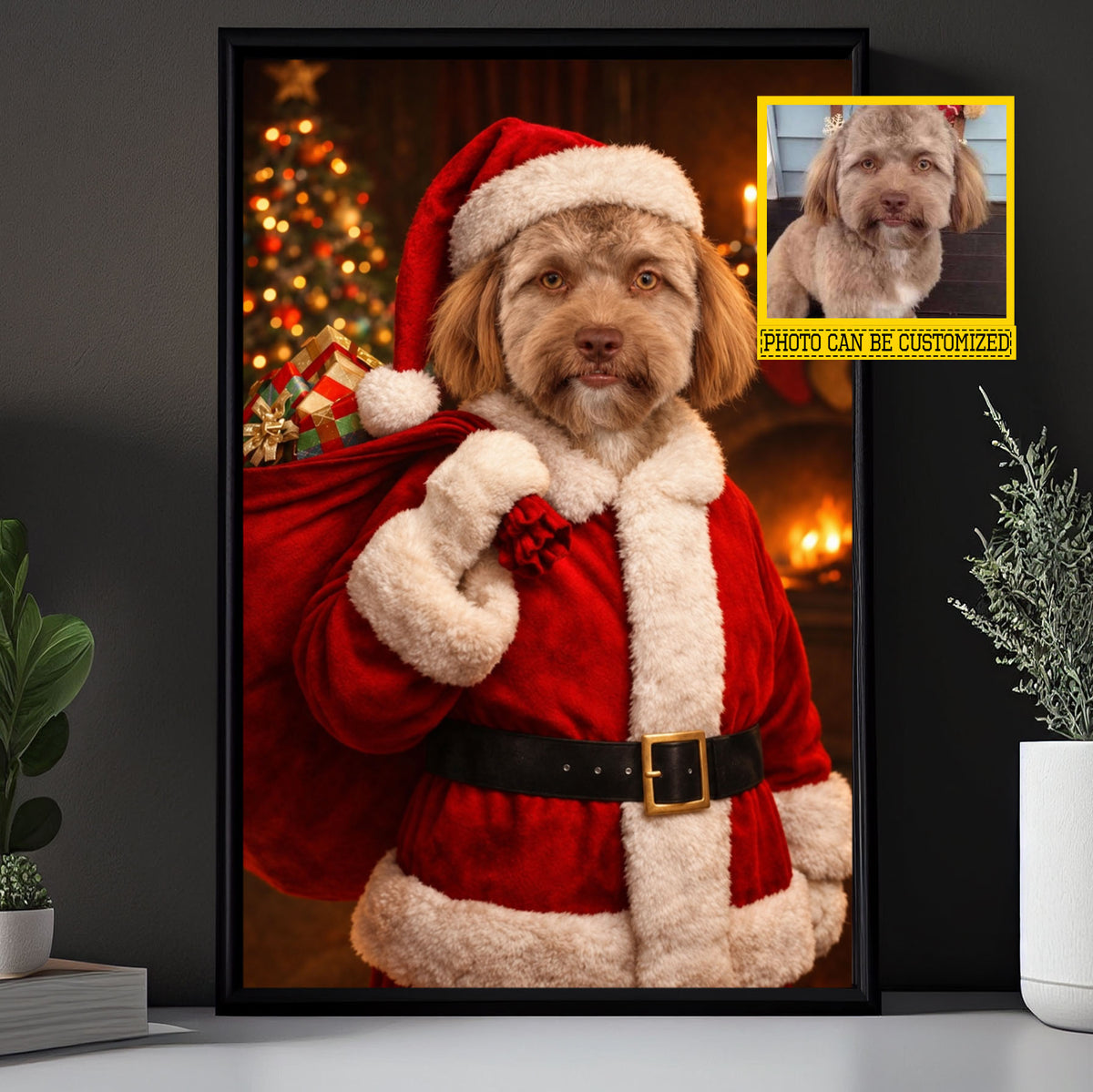 Personalized Christmas Dog Canvas Wall Art, Dog Santa Claus Christmas Pet Portrait Wall Art Decor, Xmas Poster Gift For Dog Lover