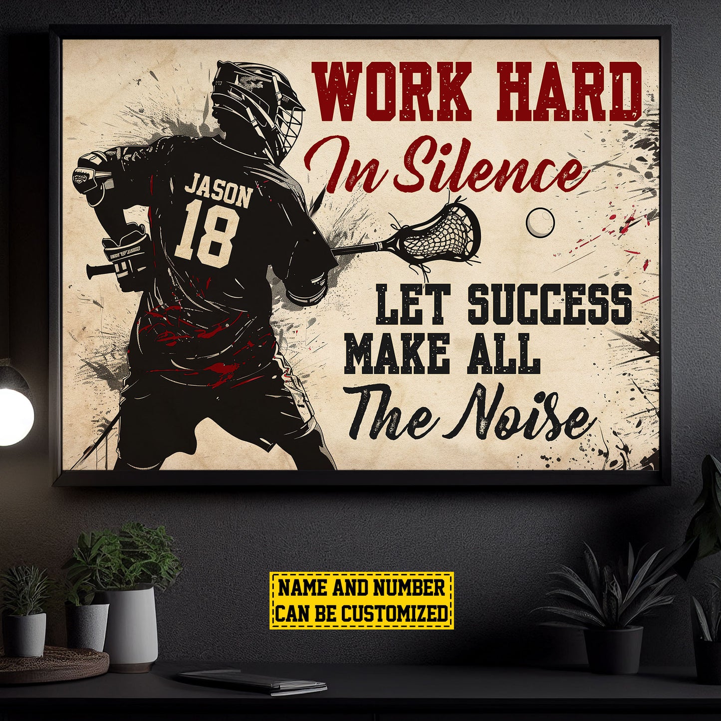 Personalized Motivational Lacrosse Canvas Painting, Work Hard In Silence Let Success, Sports Quotes Wall Art Decor, Poster Gift For Lacrosse Lovers, Lacrosse Boys