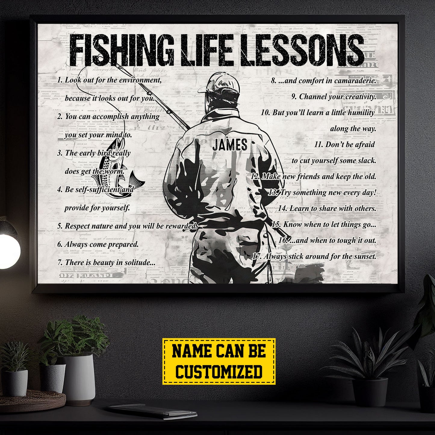 Fishing Life Lessons, Personalized Motivational Fishing Boy Canvas Painting, Sports Quotes Wall Art Decor, Poster Gift For Fishing Lovers