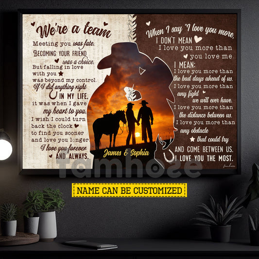Personalized Cowboy Cowgirl Couple Canvas Painting, We're A Team Wall Art Decor, Valentine Poster Gift For Western Couple