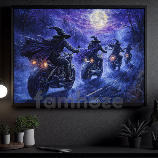 Halloween Motocycle Witch Canvas Painting, Midnight Highway Coven Wall Art Decor, Spooky Season Poster Gift For Biker