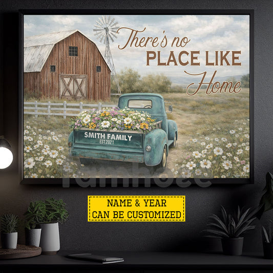 Rustic Farm Truck & Barn Canvas Painting, There's No Place Like Home Wildflowers Wall Art Decor, Poster Gift For Farming Lover