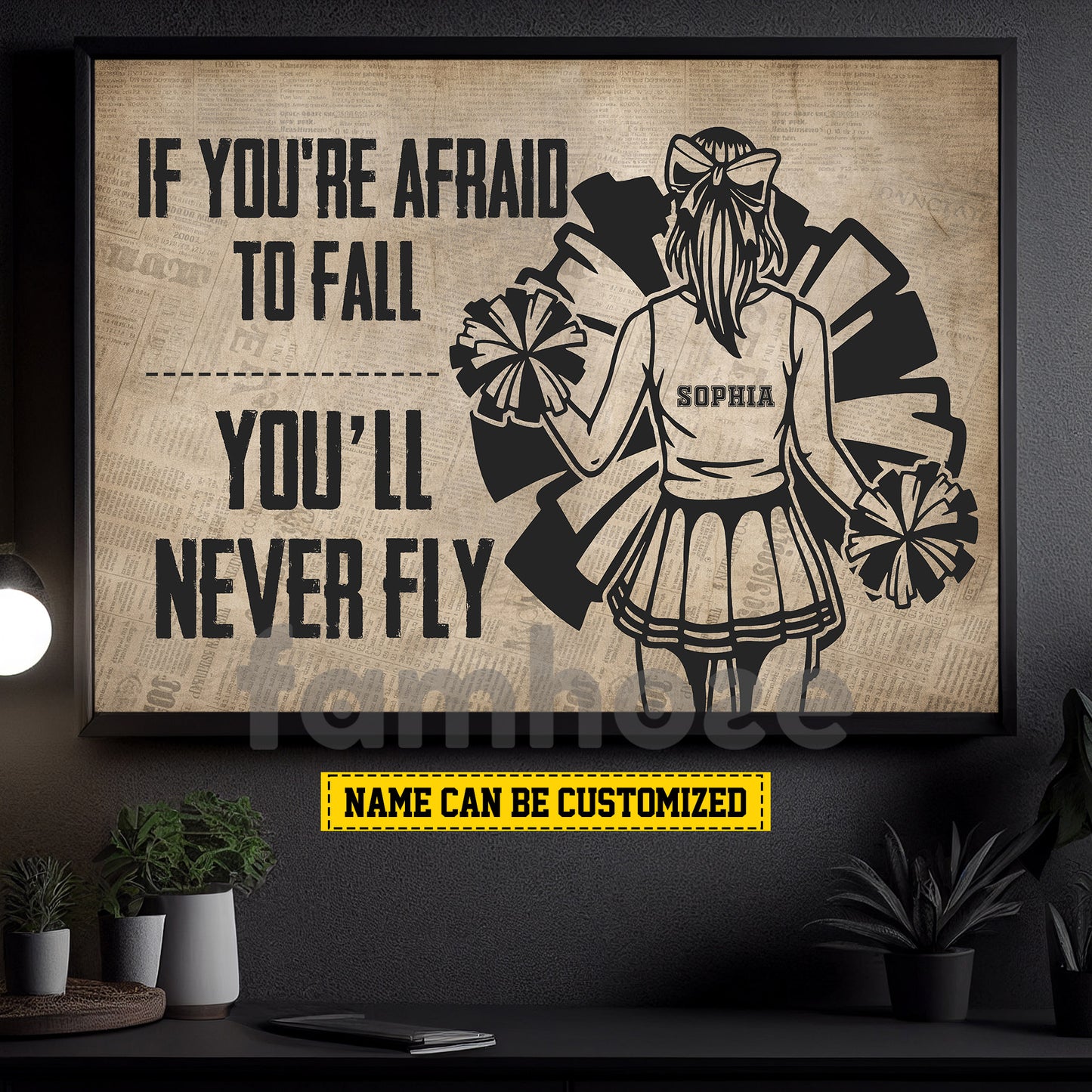 Motivational Personalized Cheerleading Girl Canvas Painting, If You're Afraid To Fall You'll Never Fly Wall Art Decor, Poster Gift For Cheerleading Lovers