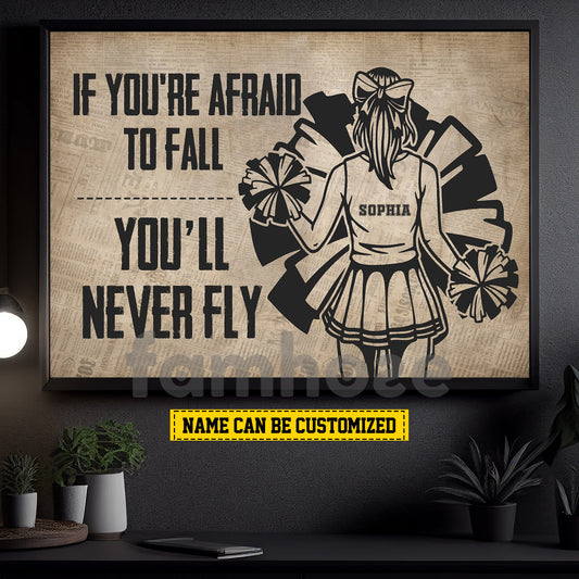 Motivational Personalized Cheerleading Girl Canvas Painting, If You're Afraid To Fall You'll Never Fly Wall Art Decor, Poster Gift For Cheerleading Lovers