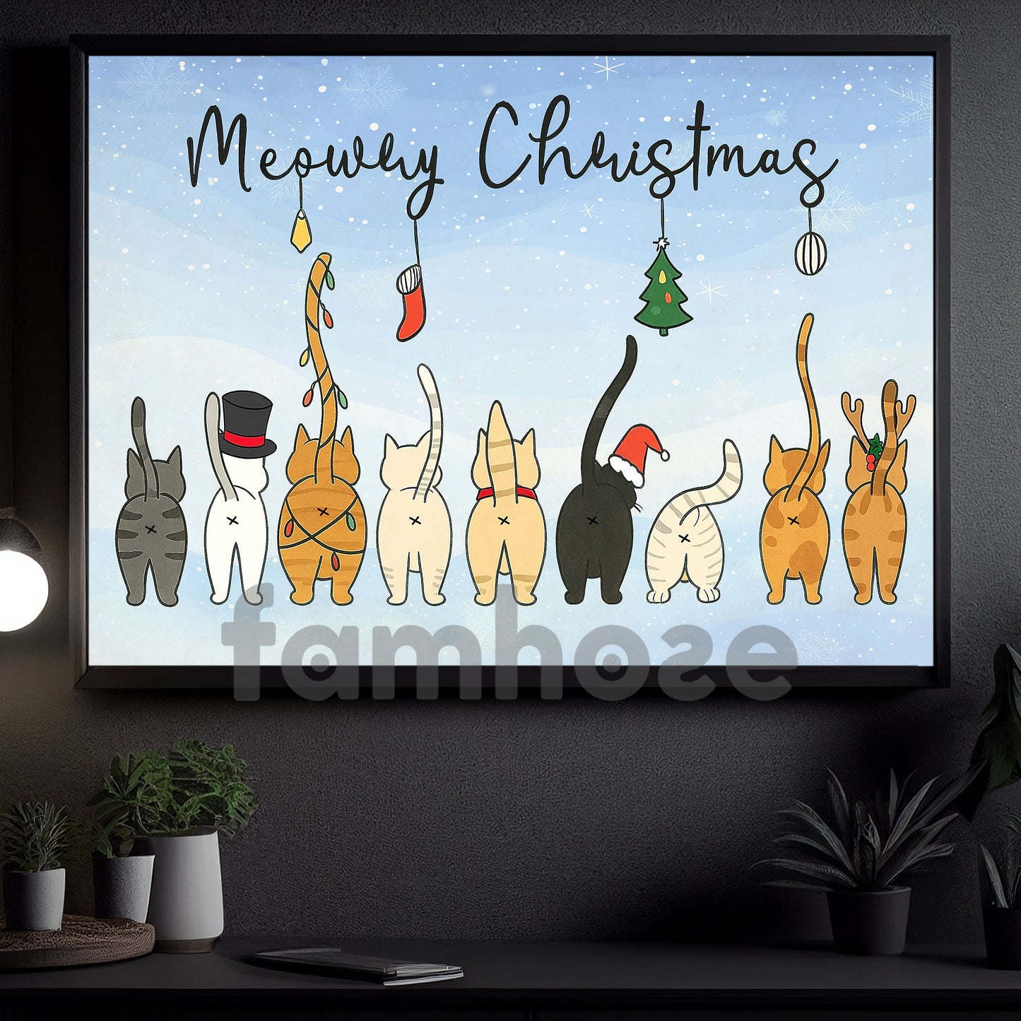 Funny Christmas Cat Canvas Painting, Meowy Christmas Wall Art Decor, Poster Gift For Cat Lovers