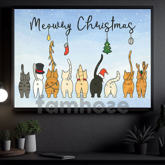 Funny Christmas Cat Canvas Painting, Meowy Christmas Wall Art Decor, Poster Gift For Cat Lovers