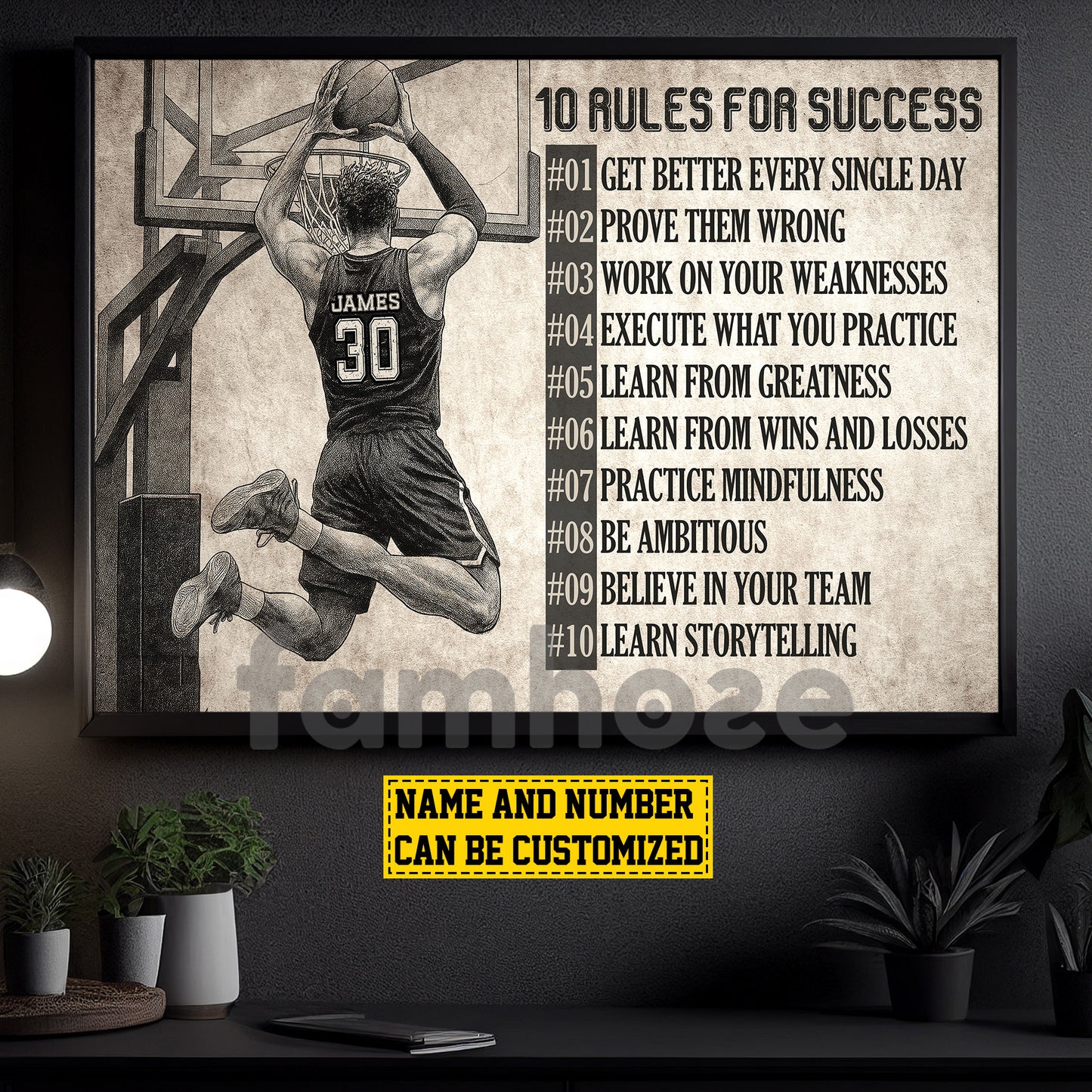 Motivational Personalized Basketball Man Canvas Painting, 10 Rules For Success Sport Wall Art Decor, Poster Gift For Basketball Lover