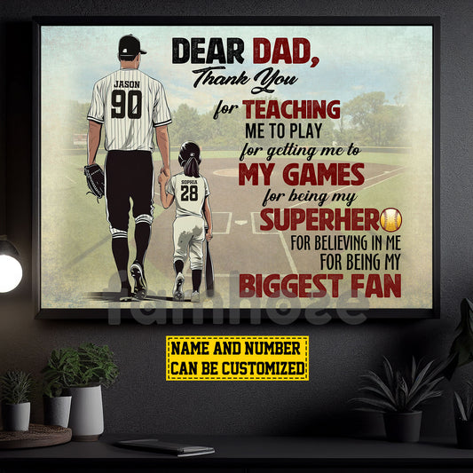 Motivational Personalized Softball Dad Daughter Canvas Painting, Dear Dad Thank You Wall Art Decor, Poster Father's Day Gift For Softball Lovers