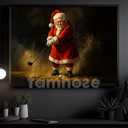 Christmas Golf Canvas Painting, Santa Woman Playing Golf Wall Art Decor, Xmas Poster Gift For Golf Lovers