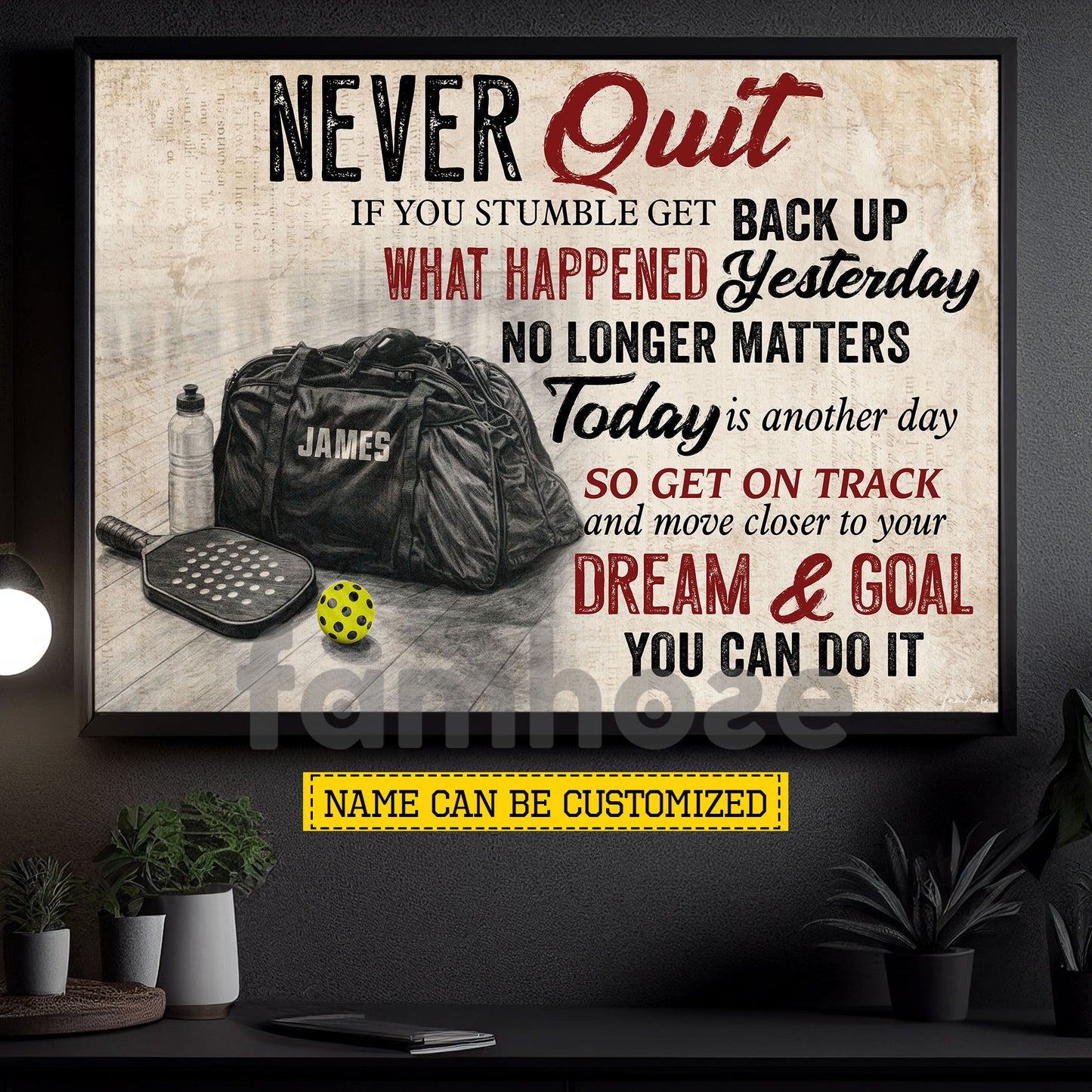 Motivational Personalized Pickleball Canvas Painting, Never Quit You Can Do It Sport Wall Art Decor, Poster Gift For Pickleball Lovers