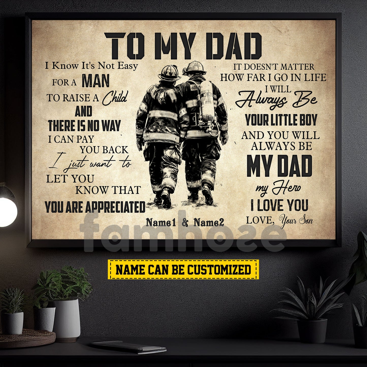 Personalized Firefighter Dad Son Canvas Painting, To My Dad I Know It's Not Easy Wall Art Decor, Poster Father's Day Gift For Fireman, Firefighter Lovers