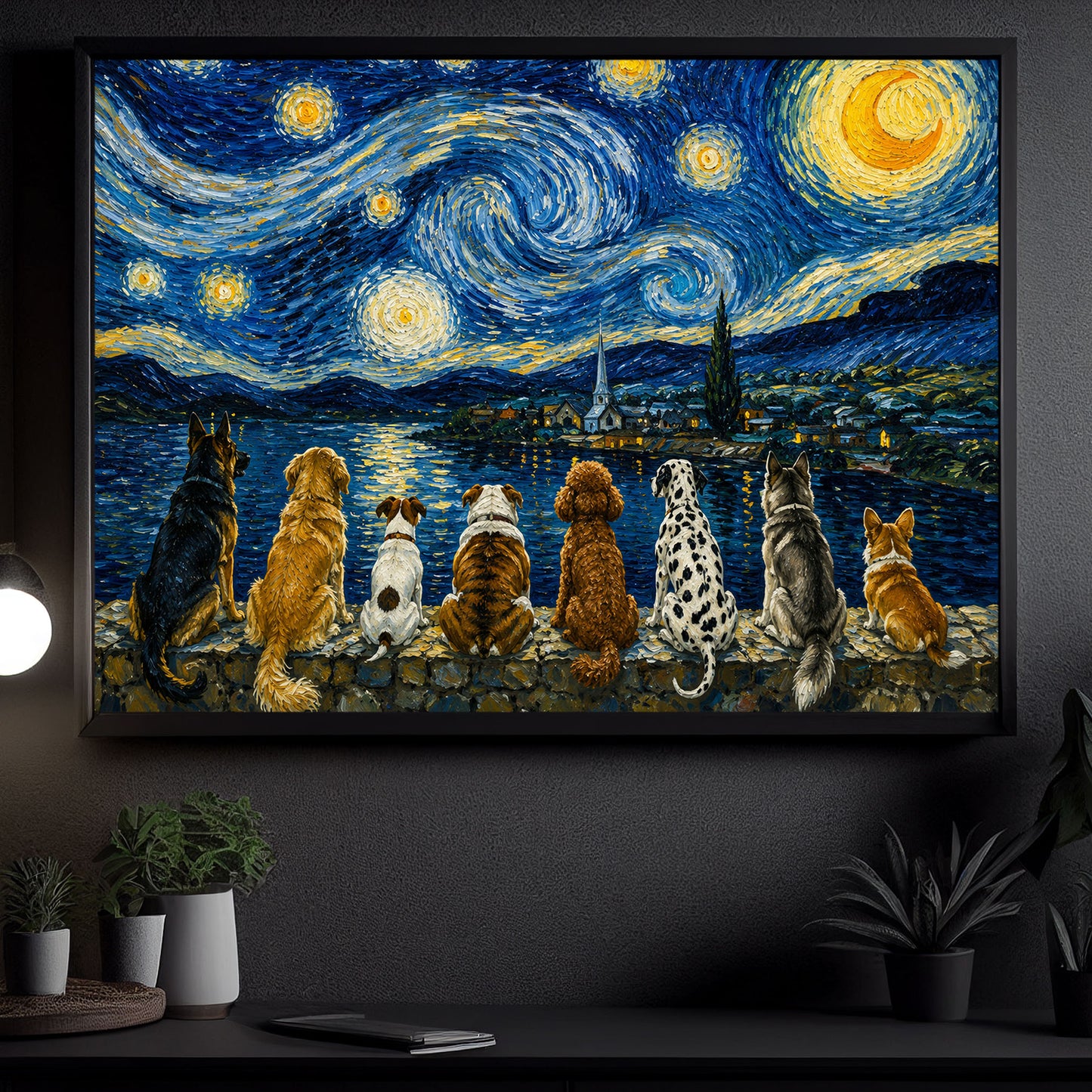 Impasto Oil Dog Canvas Painting, A Night Beneath the Stars Wall Art Decor, Poster Gift For Dog Lovers