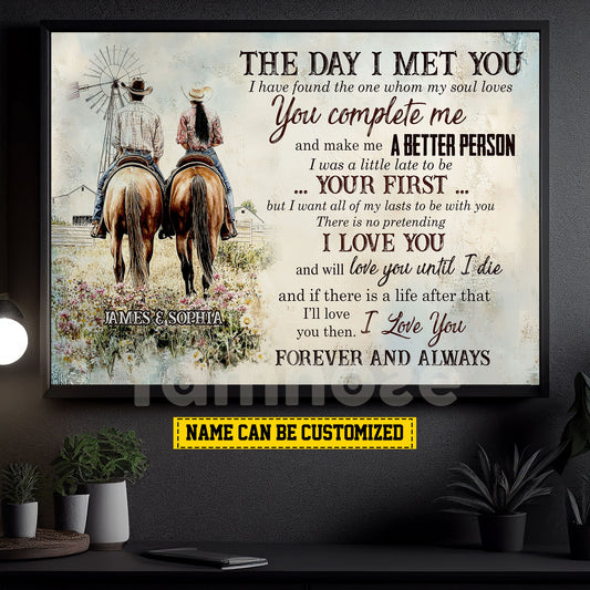 Vintage Personalized Cowboy Cowgirl Couple Canvas Painting, The Day I Met You Romantic Quotes Wall Art Decor, Poster Valentine's Day Gift For Rodeo-Loving Couple