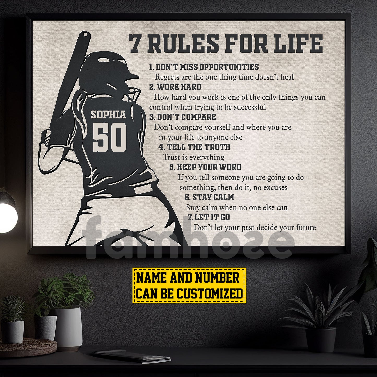 Motivational Personalized Softball Woman Canvas Painting, 7 Rules For Life Sport Wall Art Decor, Poster Gift For Softball Lovers