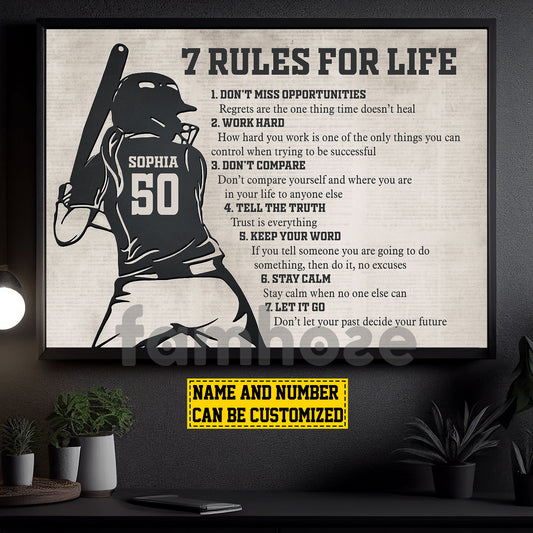 Motivational Personalized Softball Woman Canvas Painting, 7 Rules For Life Sport Wall Art Decor, Poster Gift For Softball Lovers